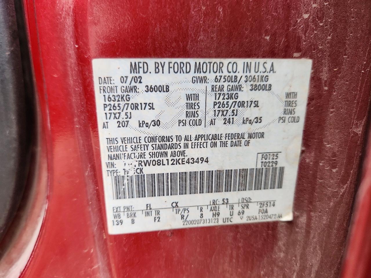 2002 Ford F150 Supercrew Maroon vin: 1FTRW08L12KE43494