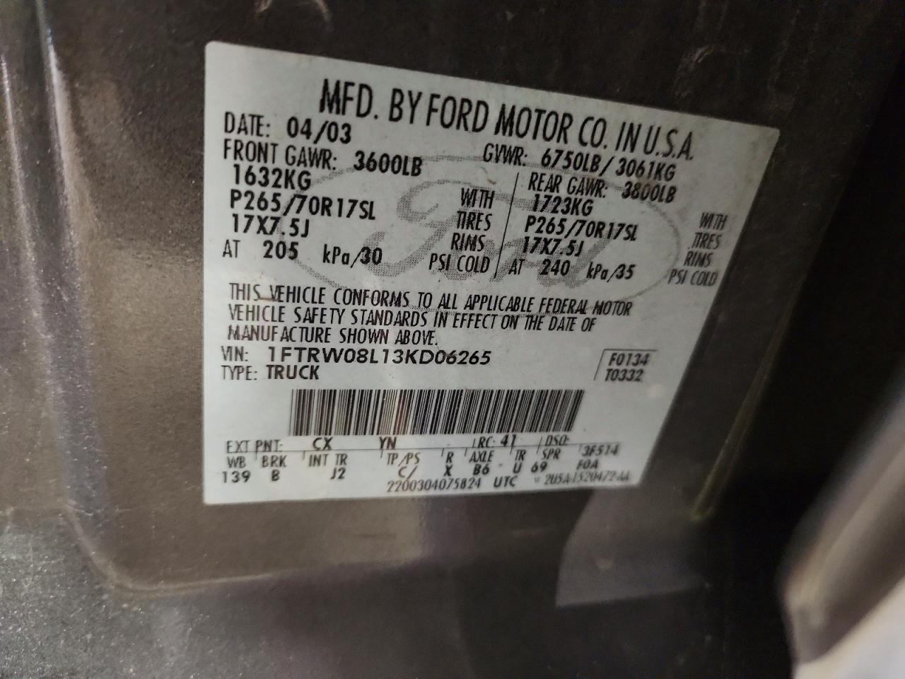 2003 Ford F150 Supercrew Gray vin: 1FTRW08L13KD06265