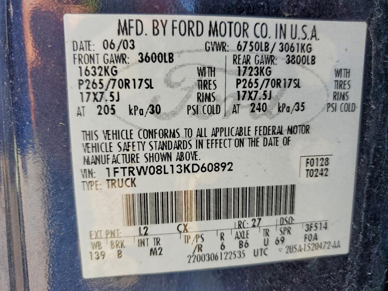 2003 Ford F150 Supercrew Blue vin: 1FTRW08L13KD60892
