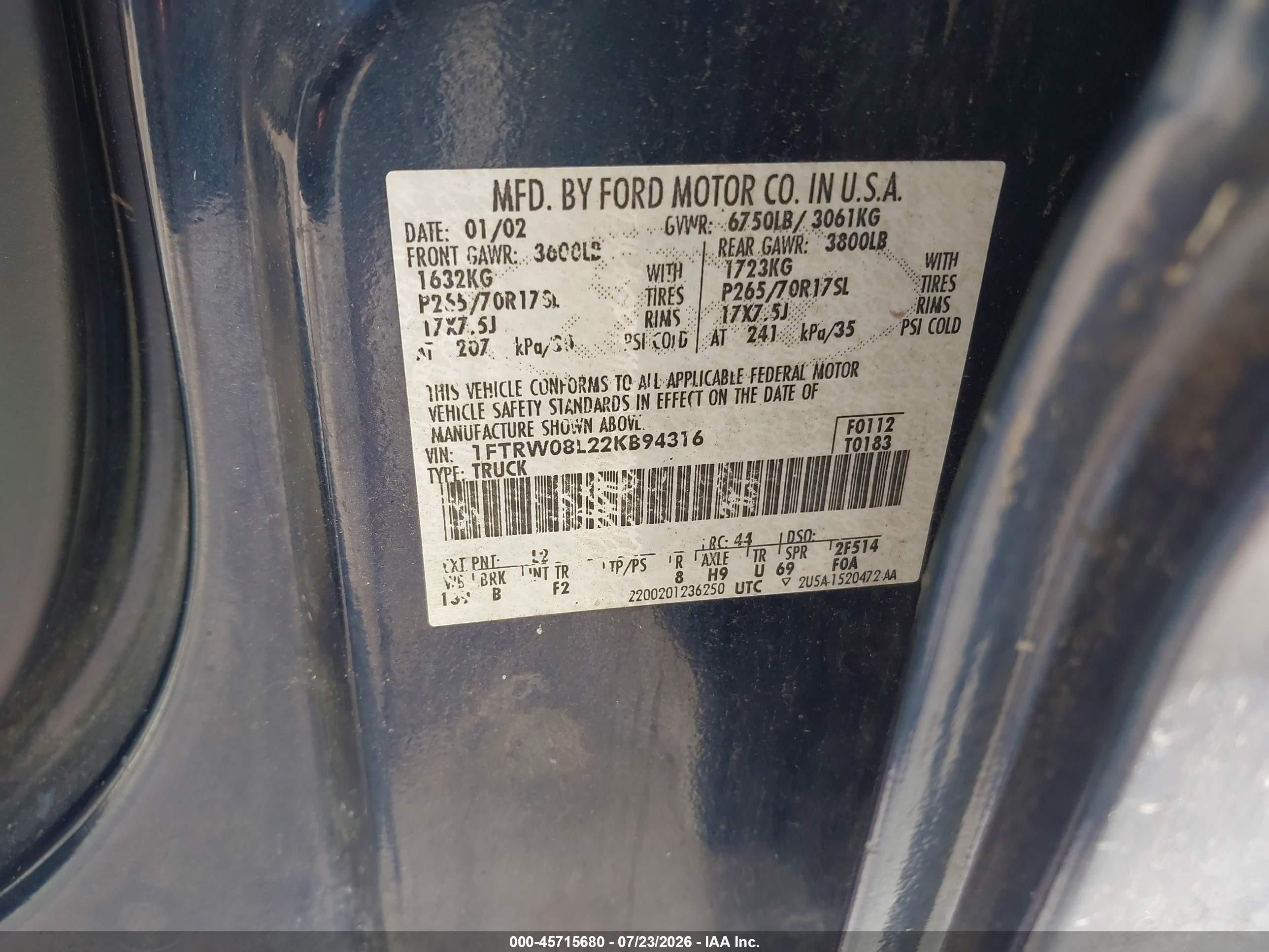 2002 Ford F-150 Lariat/xlt Blue vin: 1FTRW08L22KB94316