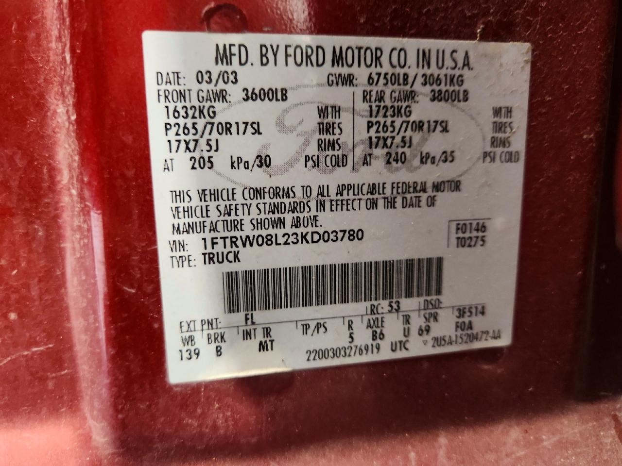 2003 Ford F150 Supercrew Red vin: 1FTRW08L23KD03780