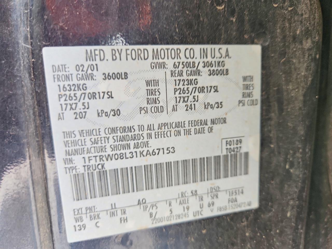 2001 Ford F150 Supercrew Blue vin: 1FTRW08L31KA67153