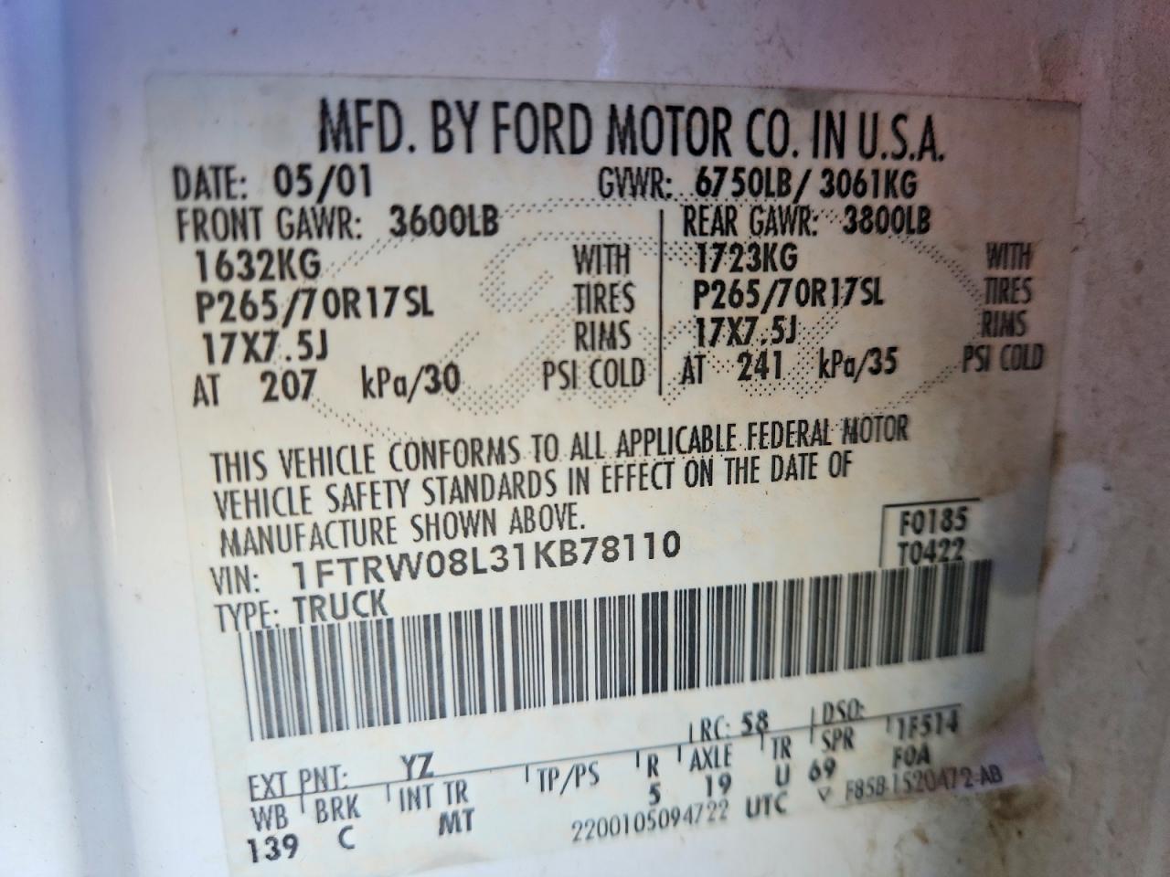 2001 Ford F150 Supercrew White vin: 1FTRW08L31KB78110