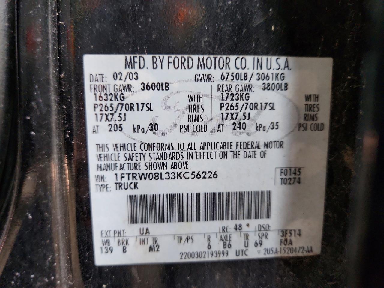 2003 Ford F150 Supercrew Black vin: 1FTRW08L33KC56226