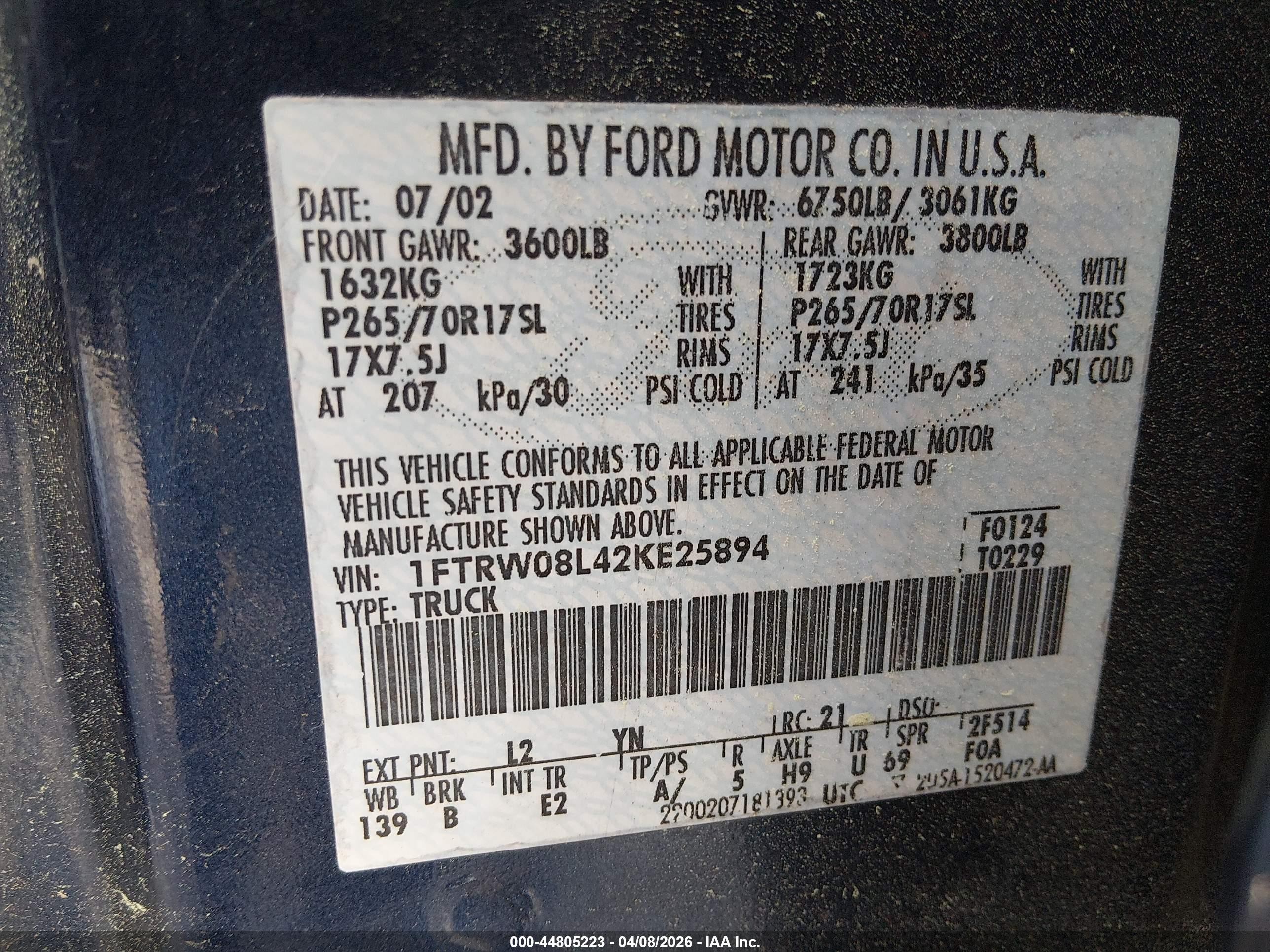 2002 Ford F-150 Lariat/xlt Dark Blue vin: 1FTRW08L42KE25894