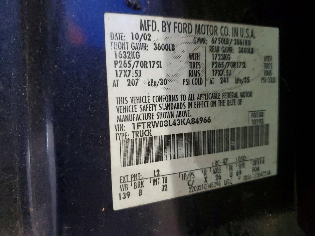 2003 Ford F150 Supercrew Blue vin: 1FTRW08L43KA84966