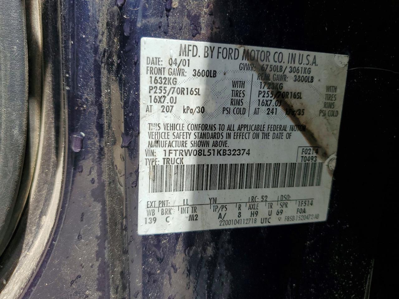 2001 Ford F150 Supercrew Blue vin: 1FTRW08L51KB32374