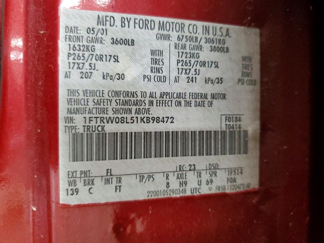 2001 Ford F150 Supercrew Red vin: 1FTRW08L51KB98472