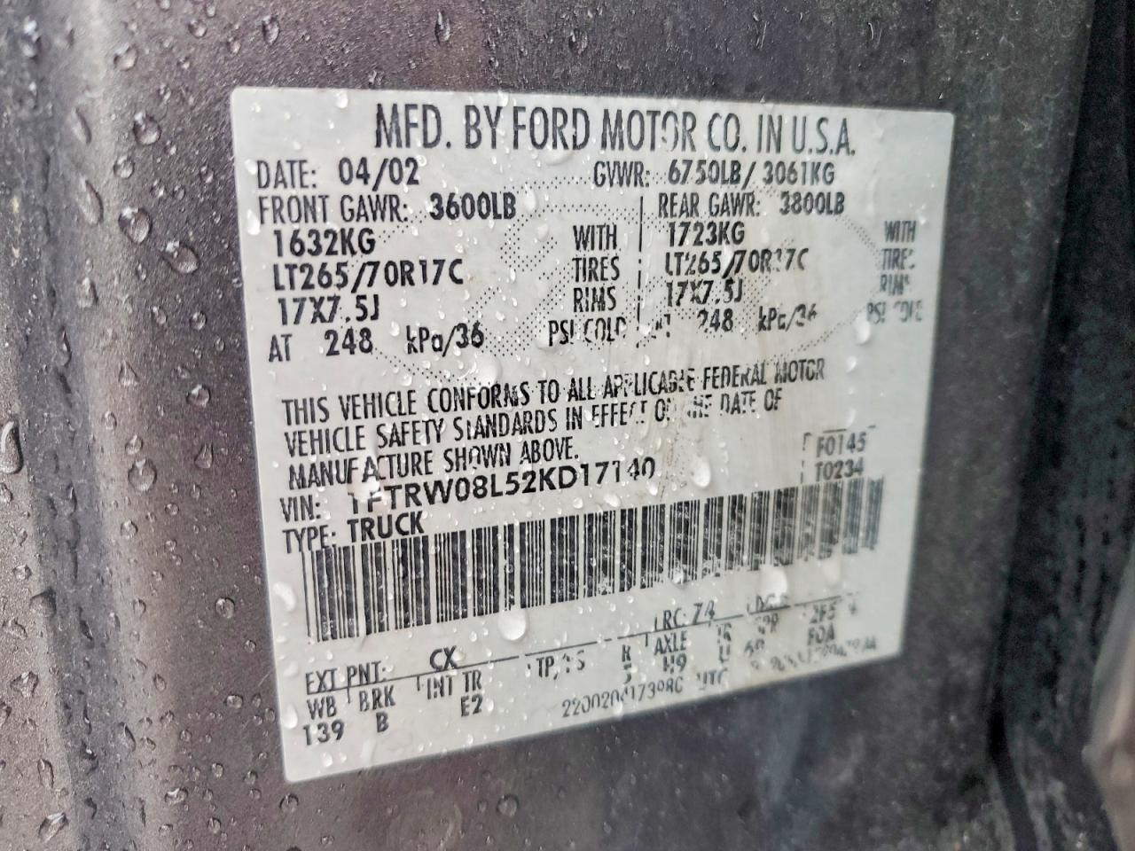 2002 Ford F150 Supercrew Gray vin: 1FTRW08L52KD17140