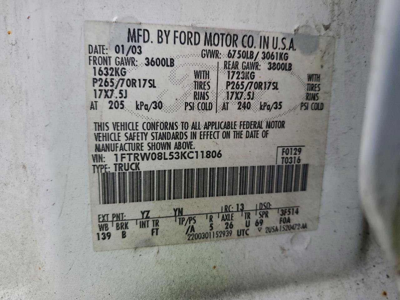 2003 Ford F150 Supercrew White vin: 1FTRW08L53KC11806