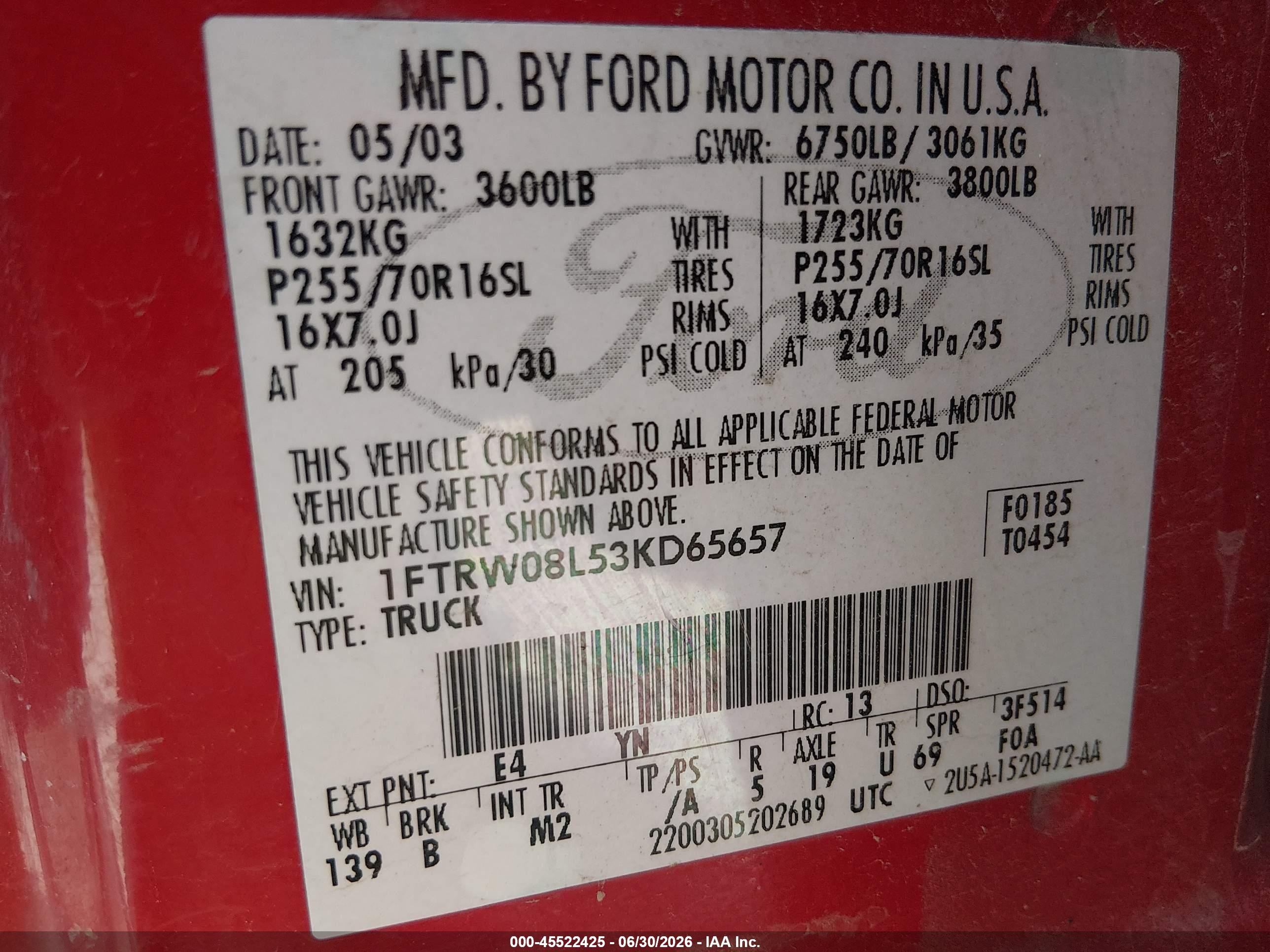 2003 Ford F-150 Lariat/xlt Red vin: 1FTRW08L53KD65657