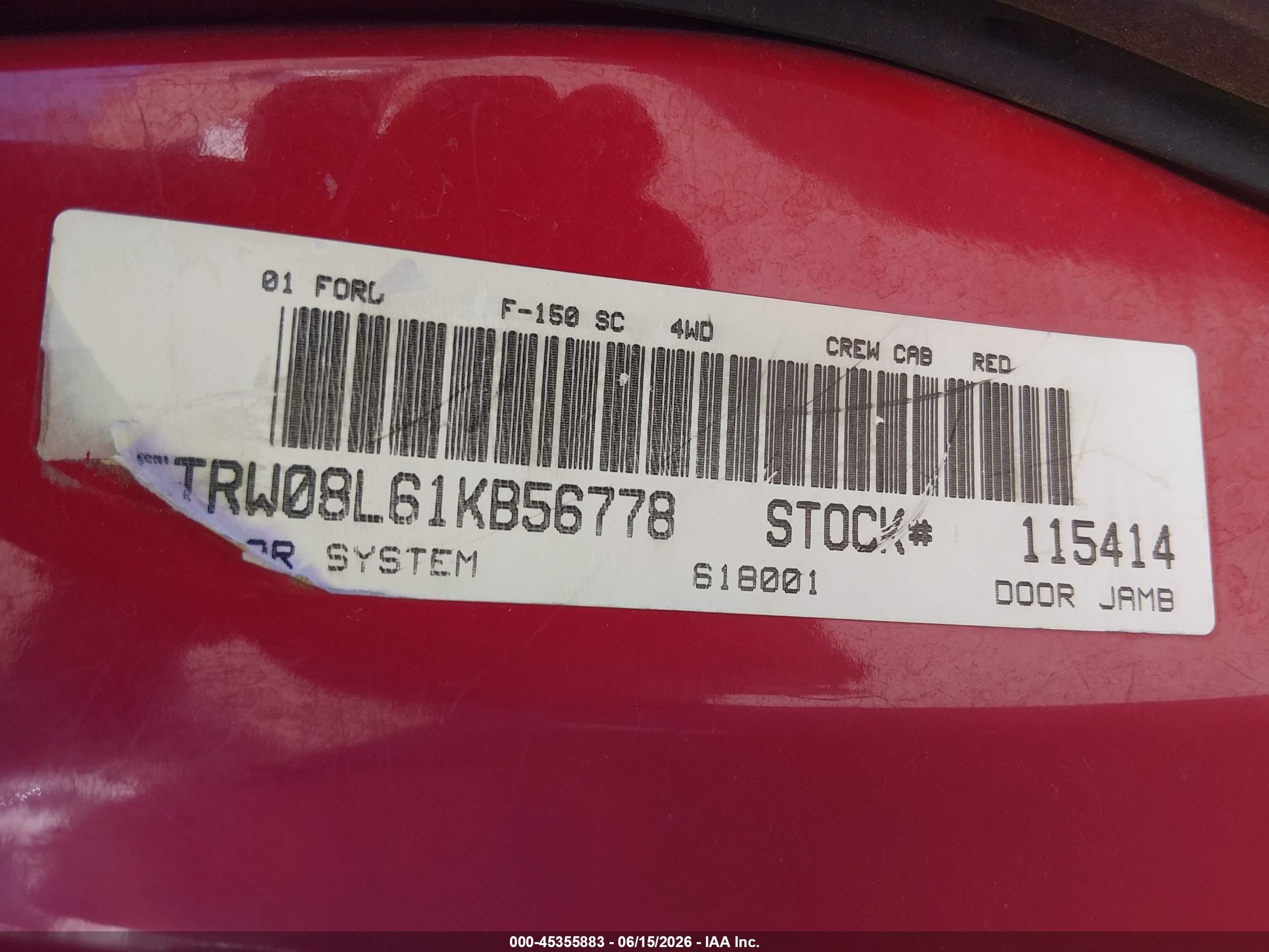 2001 Ford F-150 King Ranch Edition/lariat/xlt Red vin: 1FTRW08L61KB56778
