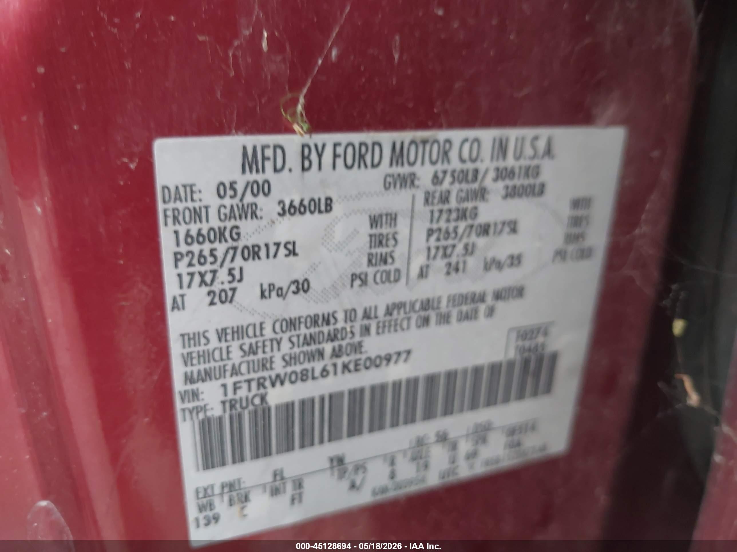 2001 Ford F-150 King Ranch Edition/lariat/xlt Red vin: 1FTRW08L61KE00977