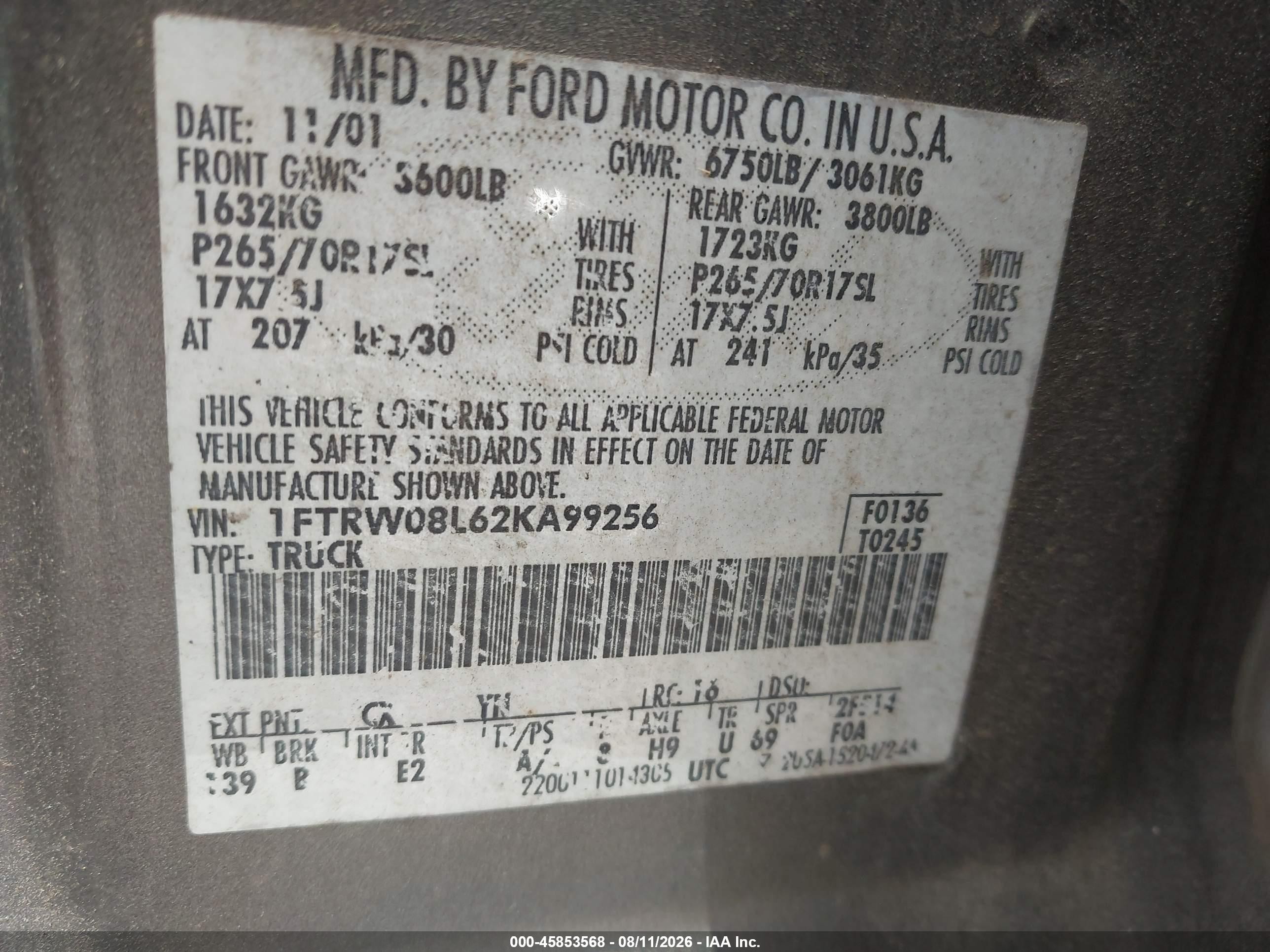 2002 Ford F-150 Lariat/xlt Gray vin: 1FTRW08L62KA99256