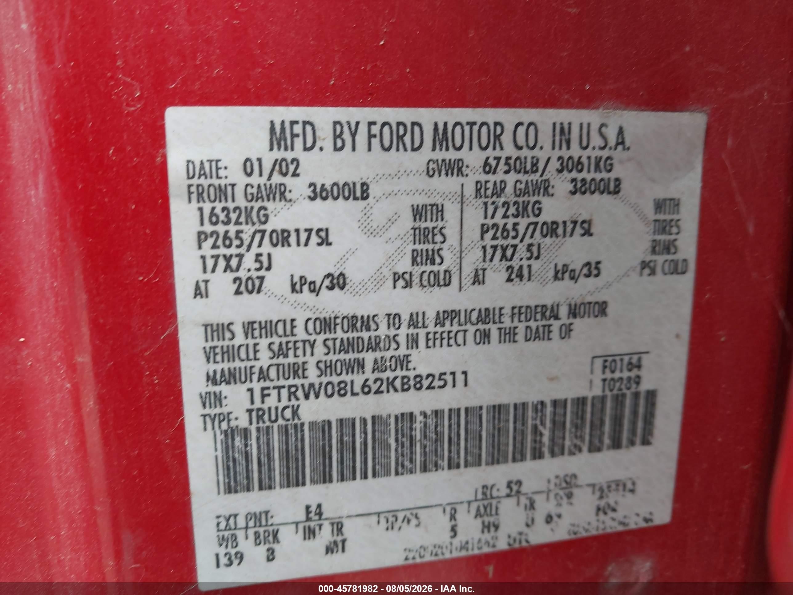 2002 Ford F-150 Lariat/xlt Red vin: 1FTRW08L62KB82511