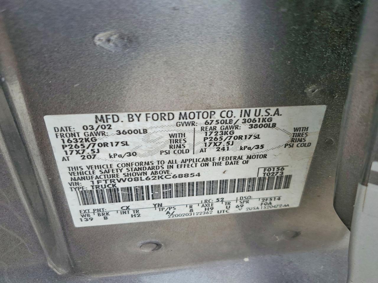 2002 Ford F150 Supercrew Gray vin: 1FTRW08L62KC68854