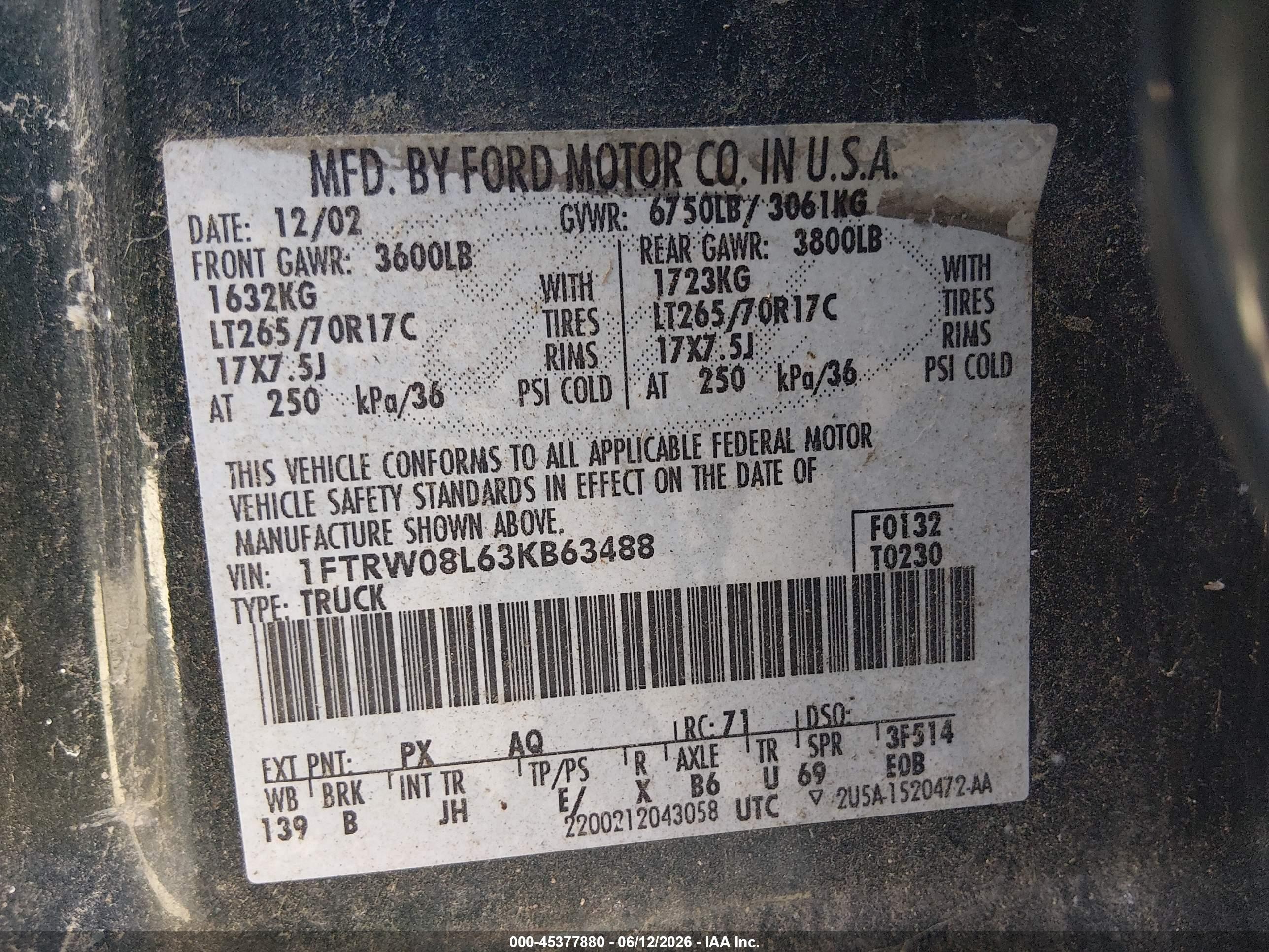 2003 Ford F-150 Lariat/xlt Green vin: 1FTRW08L63KB63488