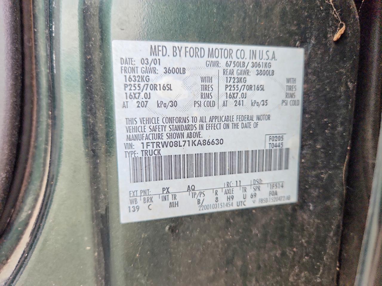 2001 Ford F150 Supercrew Green vin: 1FTRW08L71KA86630