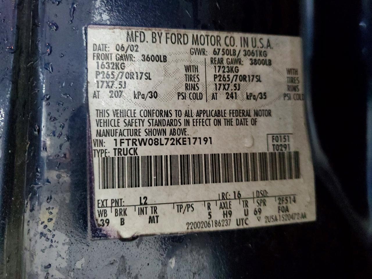 2002 Ford F150 Supercrew Blue vin: 1FTRW08L72KE17191