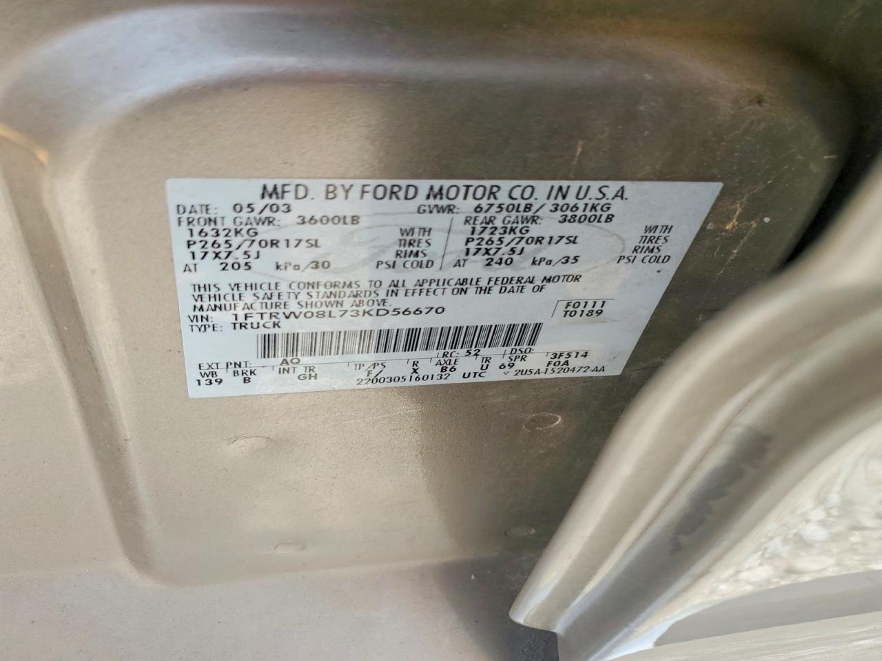 2003 Ford F-150 Tan vin: 1FTRW08L73KD56670