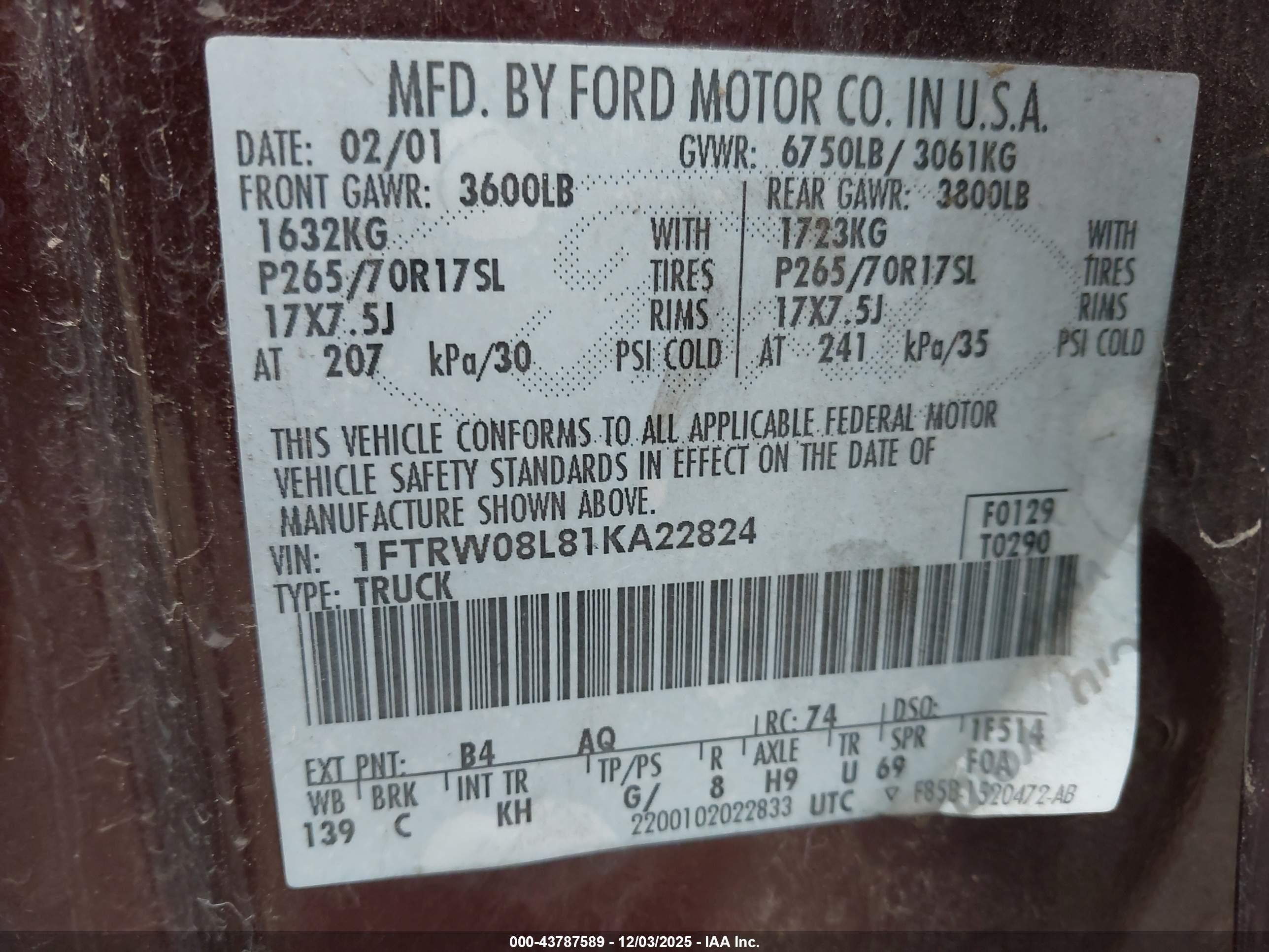 2001 Ford F-150 Supercrew King Ranch/lariat/xlt Maroon vin: 1FTRW08L81KA22824