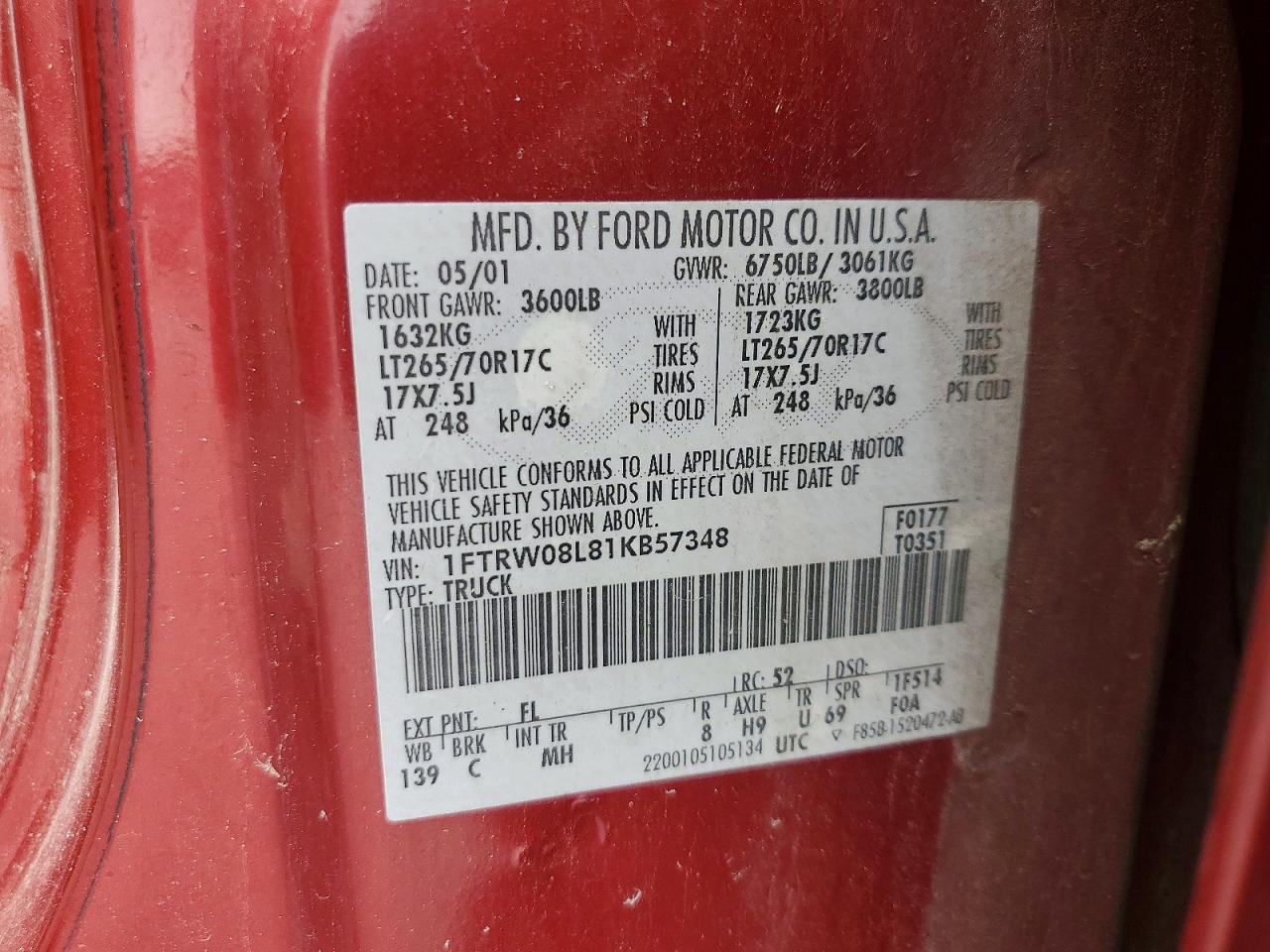 2001 Ford F150 Supercrew Red vin: 1FTRW08L81KB57348