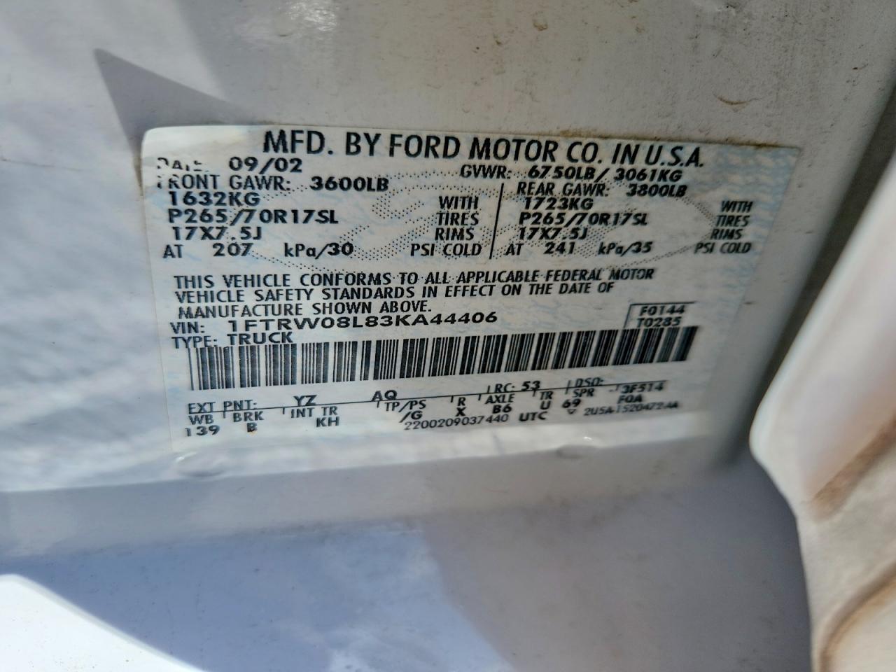 2003 Ford F150 Supercrew White vin: 1FTRW08L83KA44406