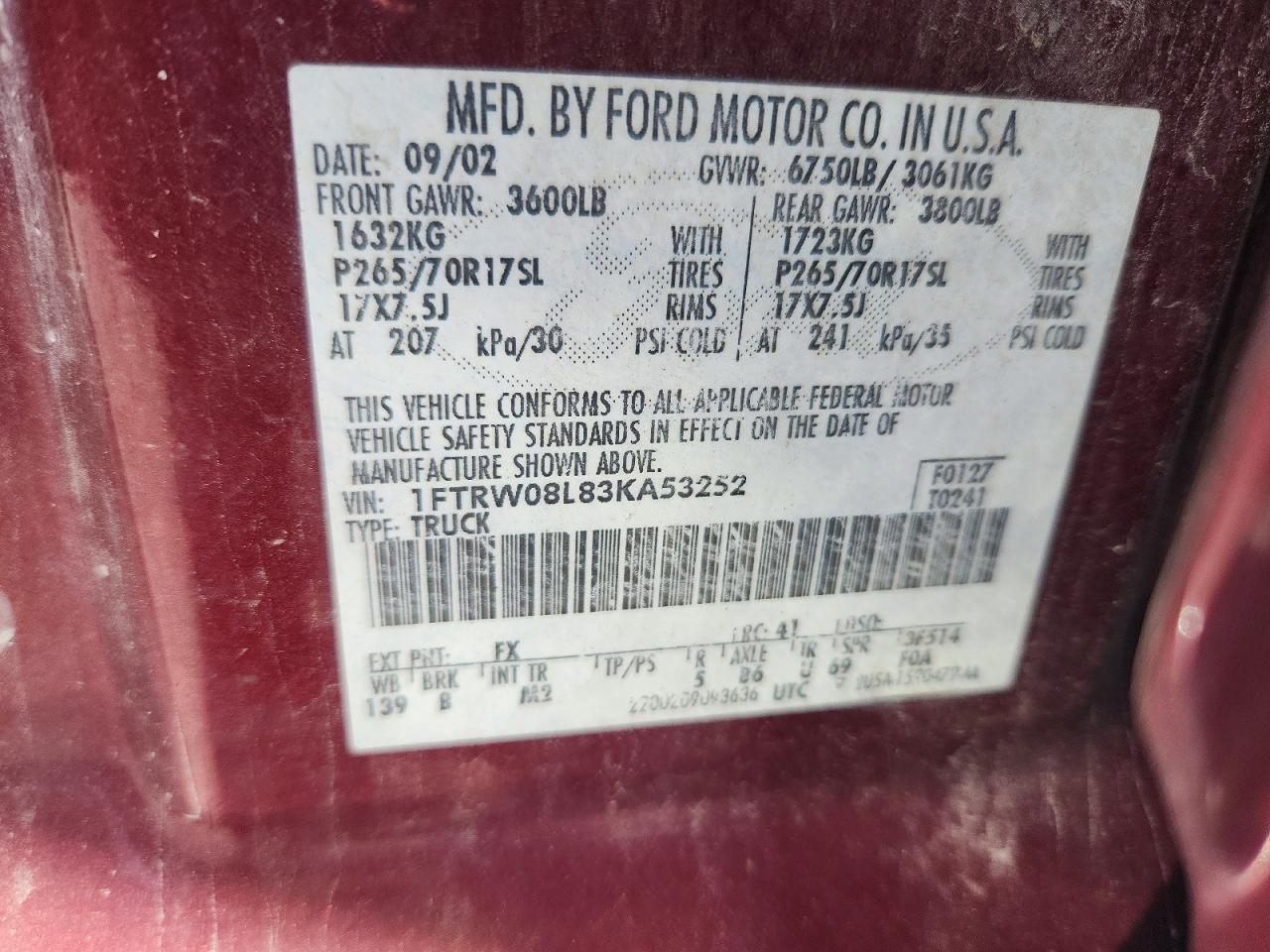 2003 Ford F150 Supercrew Maroon vin: 1FTRW08L83KA53252