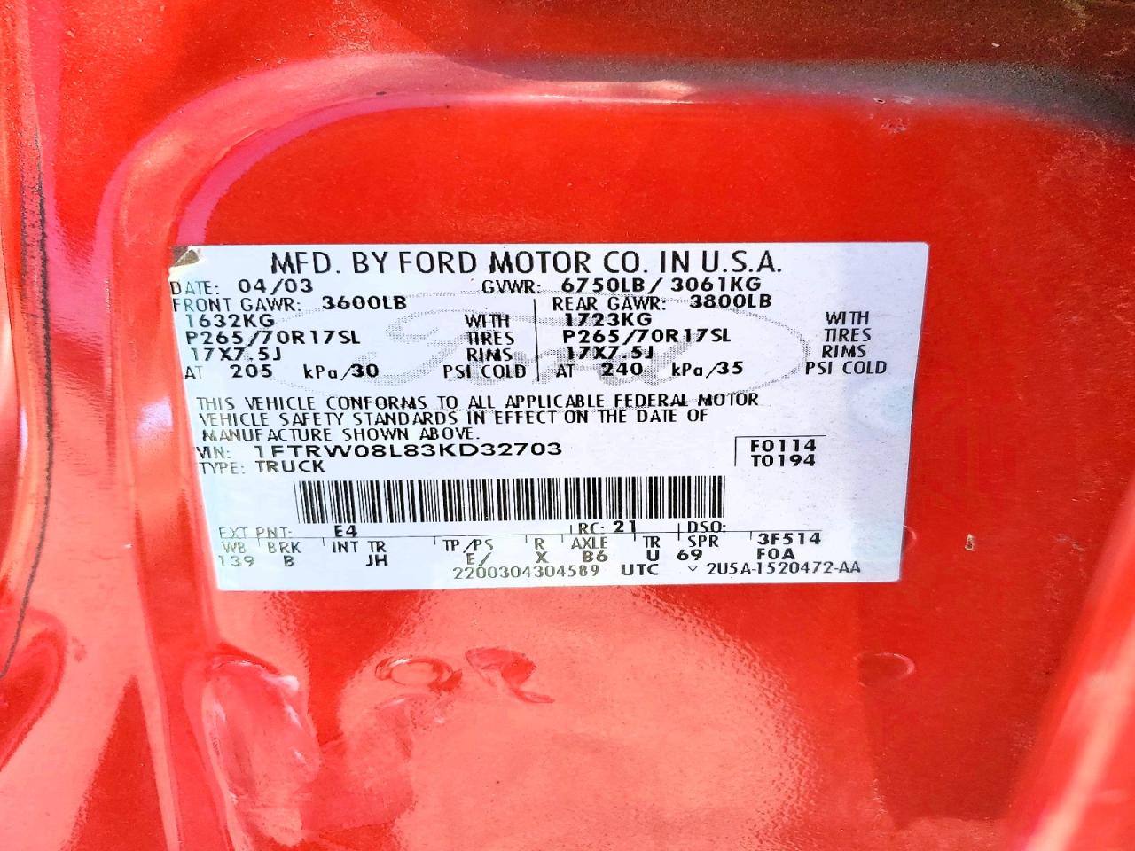 2003 Ford F150 Supercrew Red vin: 1FTRW08L83KD32703