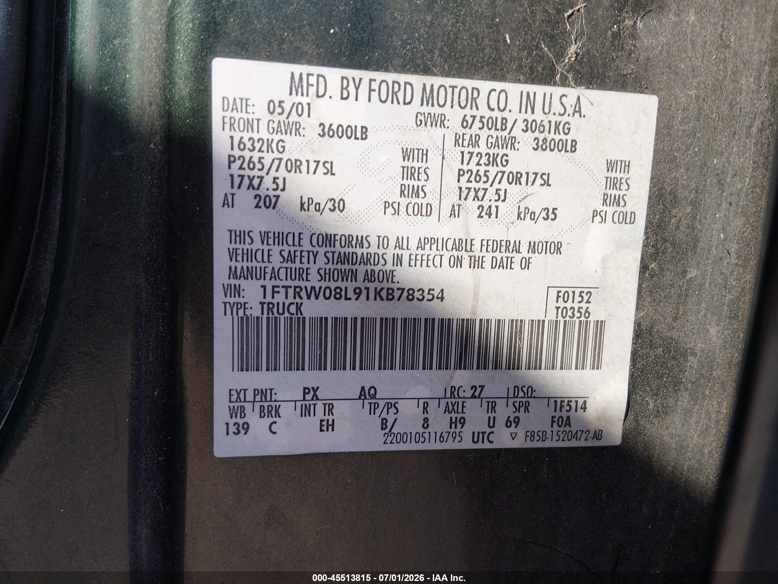 2001 Ford F-150 King Ranch Edition/lariat/xlt Green vin: 1FTRW08L91KB78354