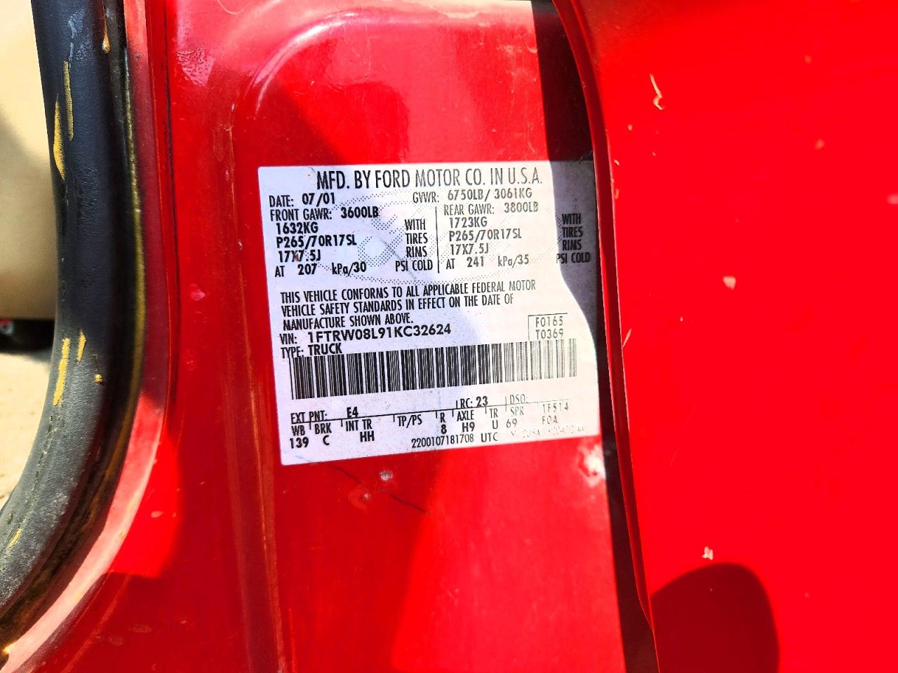 2001 Ford F150 Supercrew Red vin: 1FTRW08L91KC32624