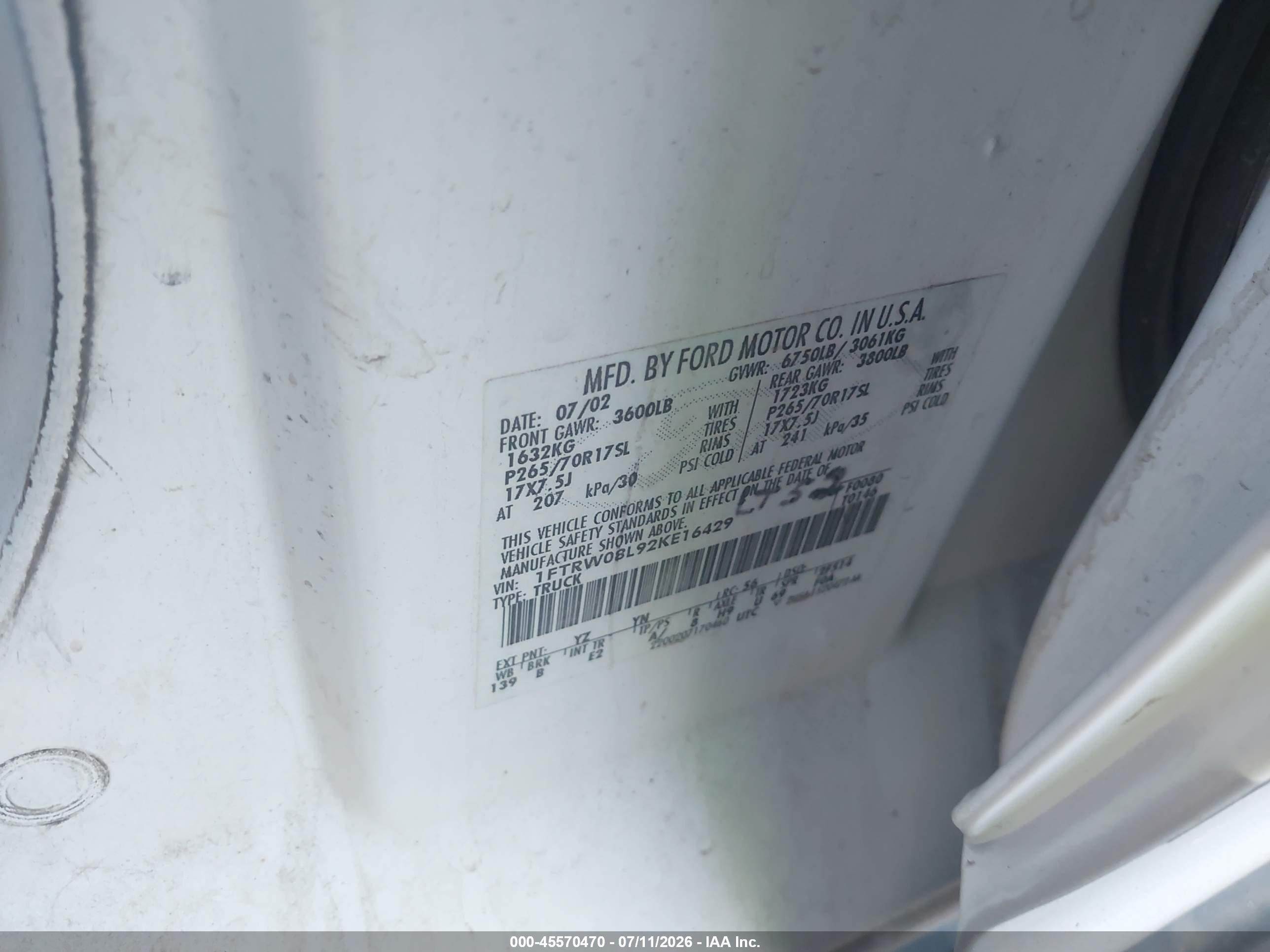 2002 Ford F-150 Lariat/xlt Белый vin: 1FTRW08L92KE16429