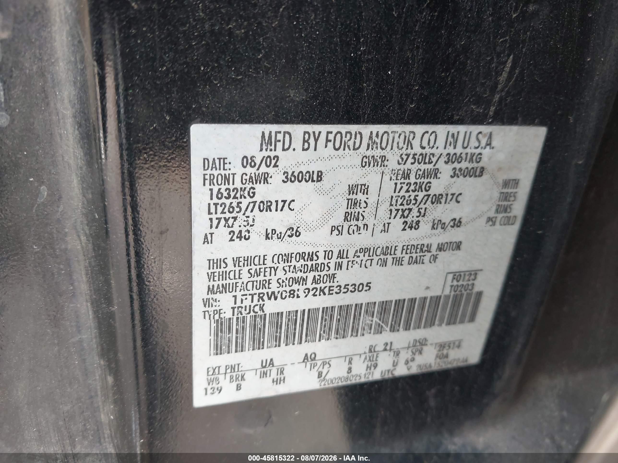 2002 Ford F-150 Lariat/xlt Black vin: 1FTRW08L92KE35305