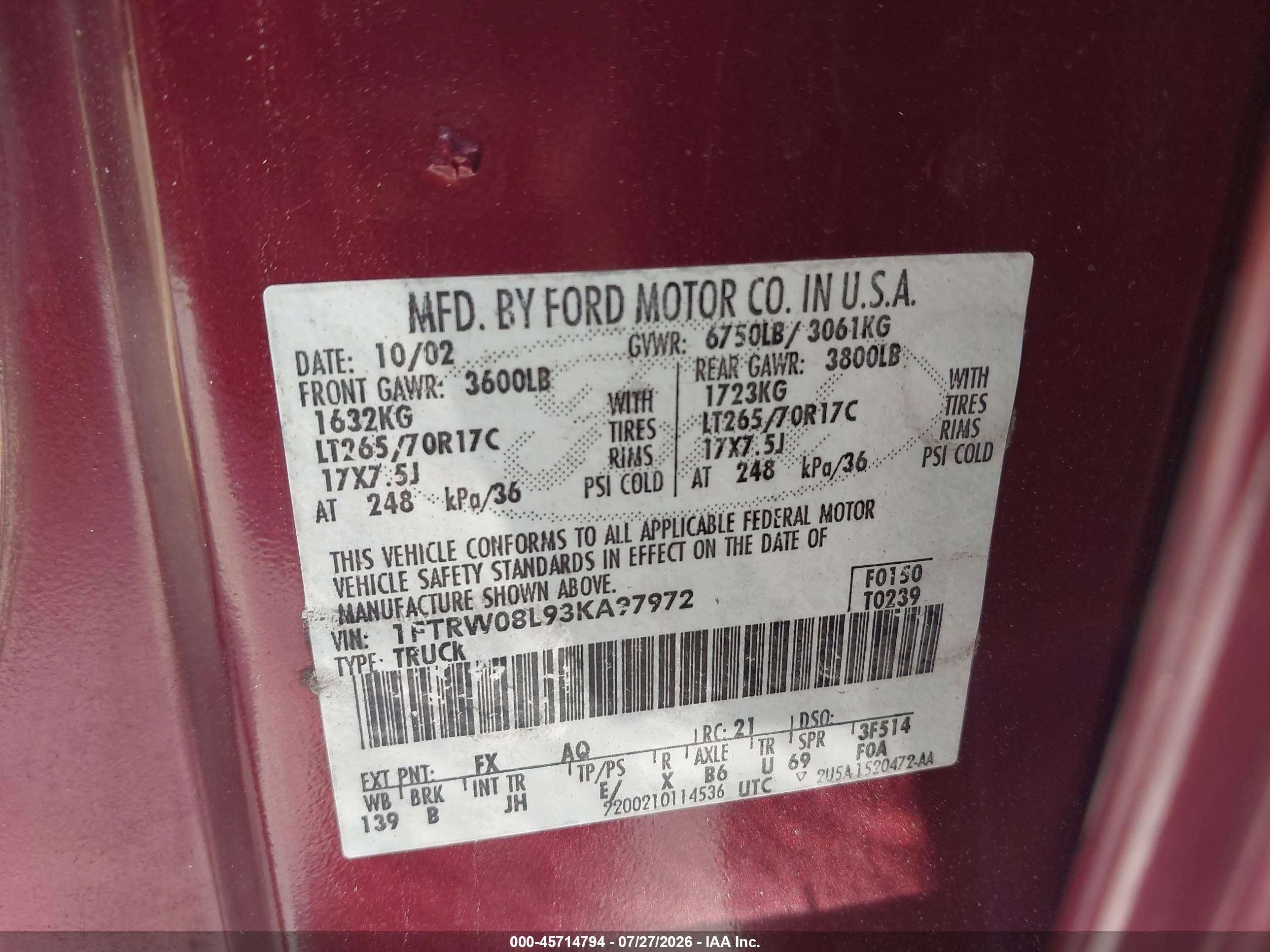 2003 Ford F-150 Lariat/xlt Burgundy vin: 1FTRW08L93KA97972