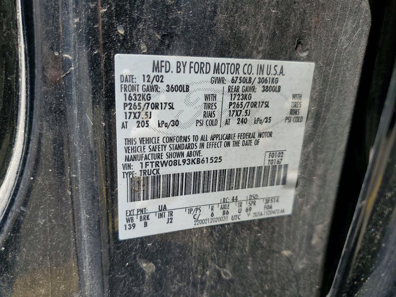 2003 Ford F150 Supercrew Black vin: 1FTRW08L93KB61525