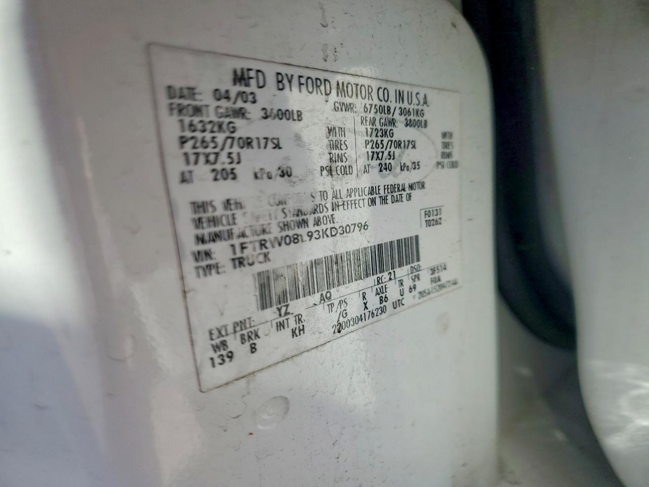2003 Ford F150 White vin: 1FTRW08L93KD30796