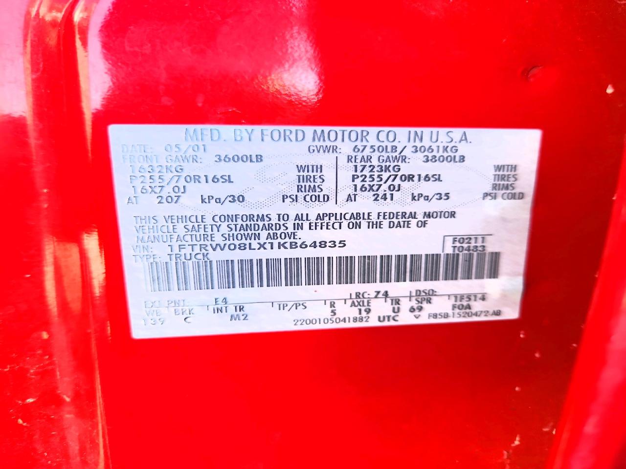 2001 Ford F150 Supercrew Red vin: 1FTRW08LX1KB64835