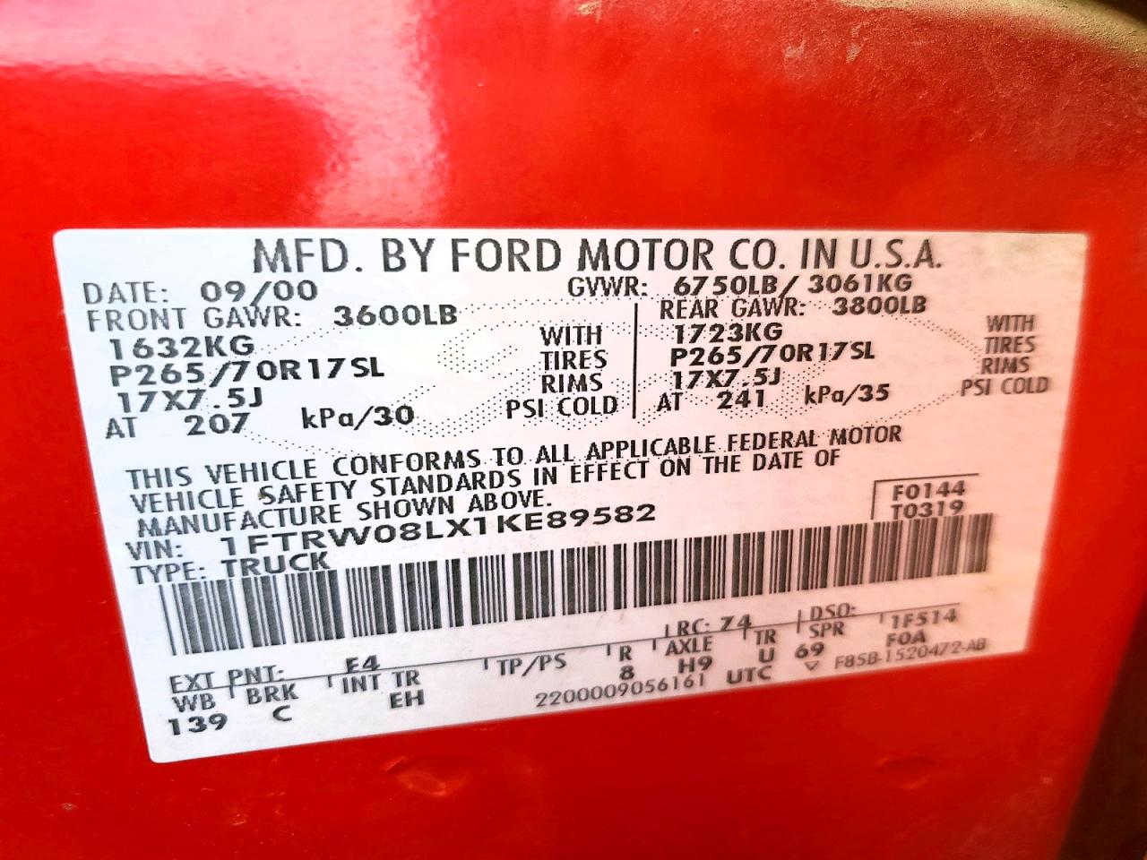 2001 Ford F150 Supercrew Red vin: 1FTRW08LX1KE89582