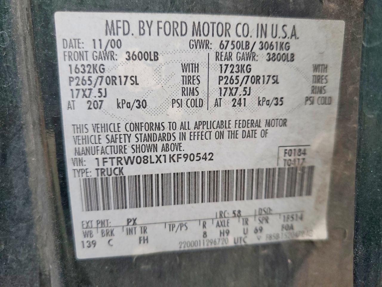 2001 Ford F150 Supercrew Green vin: 1FTRW08LX1KF90542