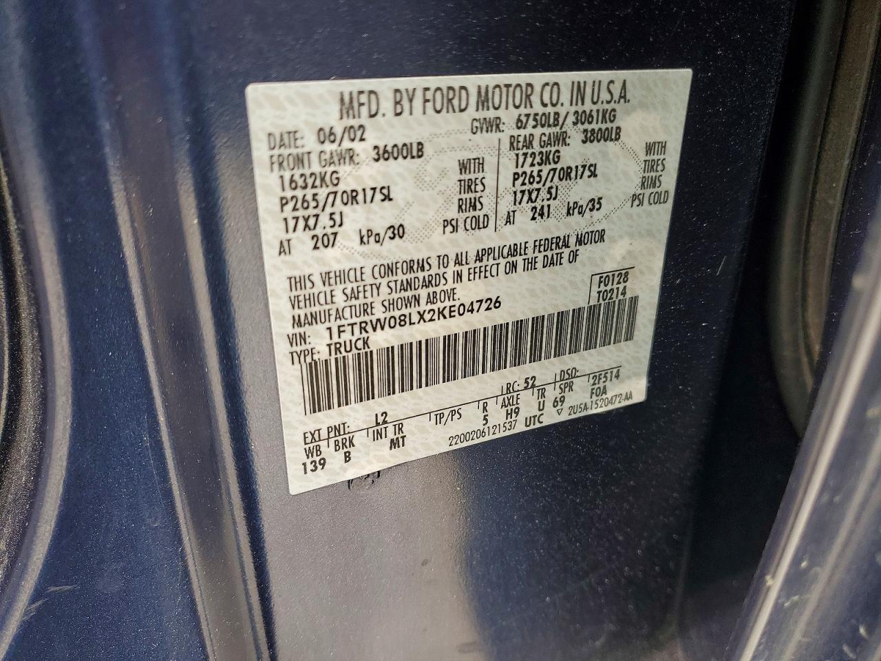 2002 Ford F150 Supercrew Blue vin: 1FTRW08LX2KE04726