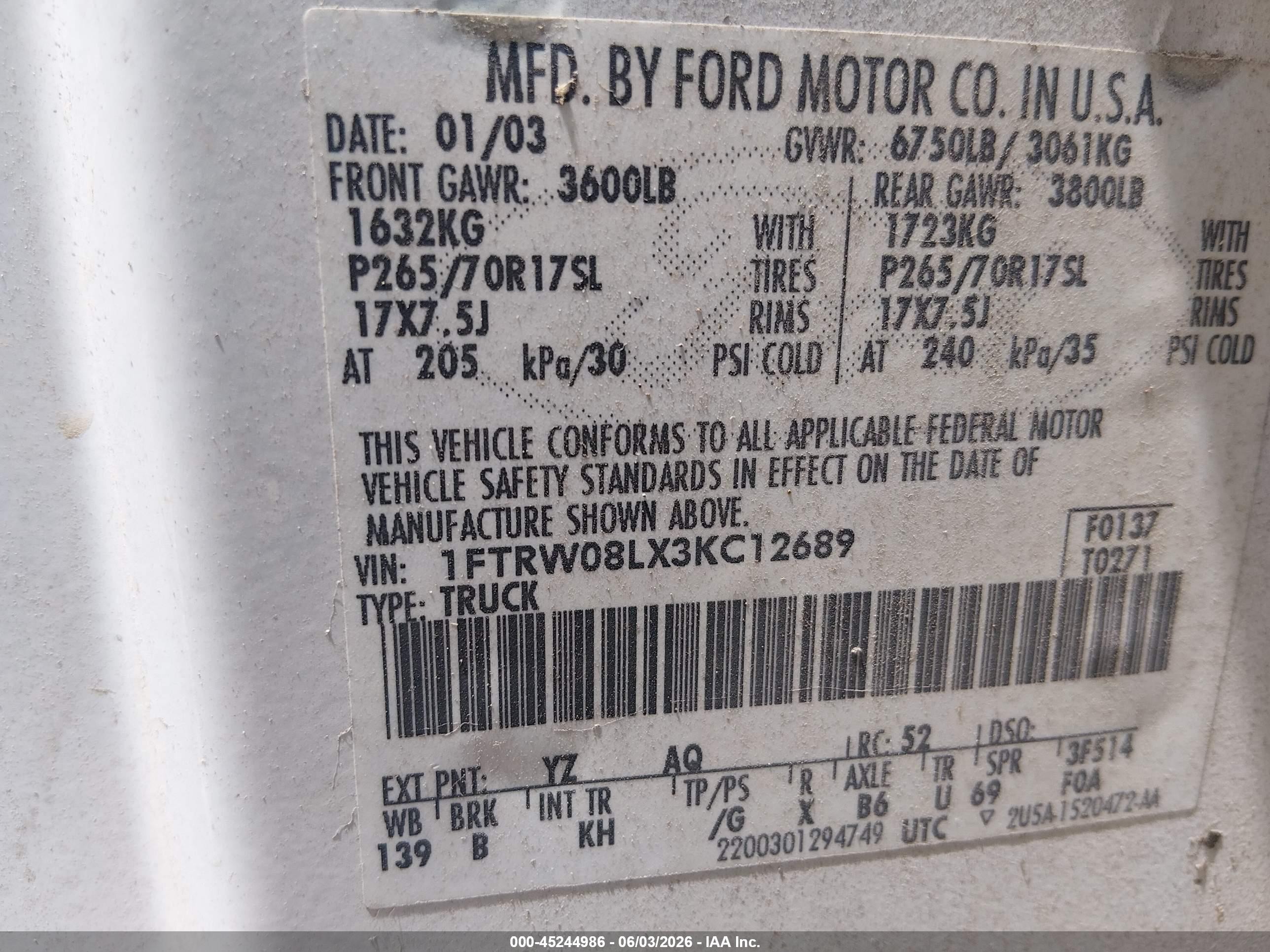2003 Ford F-150 Lariat/xlt White vin: 1FTRW08LX3KC12689
