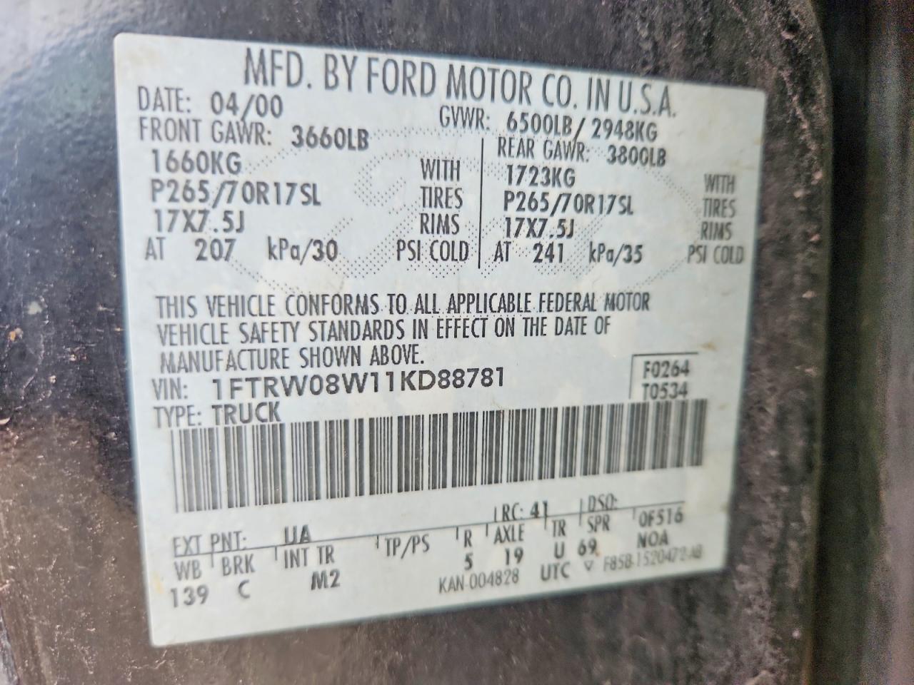 2001 Ford F150 Supercrew Black vin: 1FTRW08W11KD88781