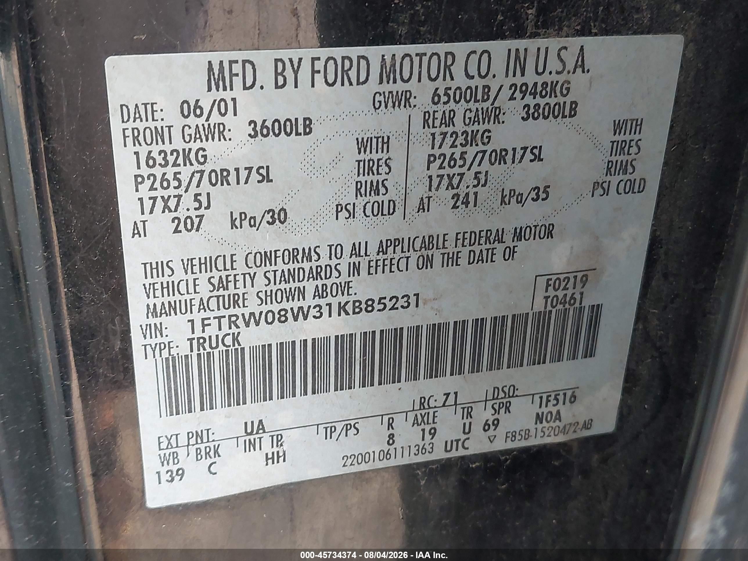 2001 Ford F-150 Supercrew King Ranch/lariat/xlt Blue vin: 1FTRW08W31KB85231