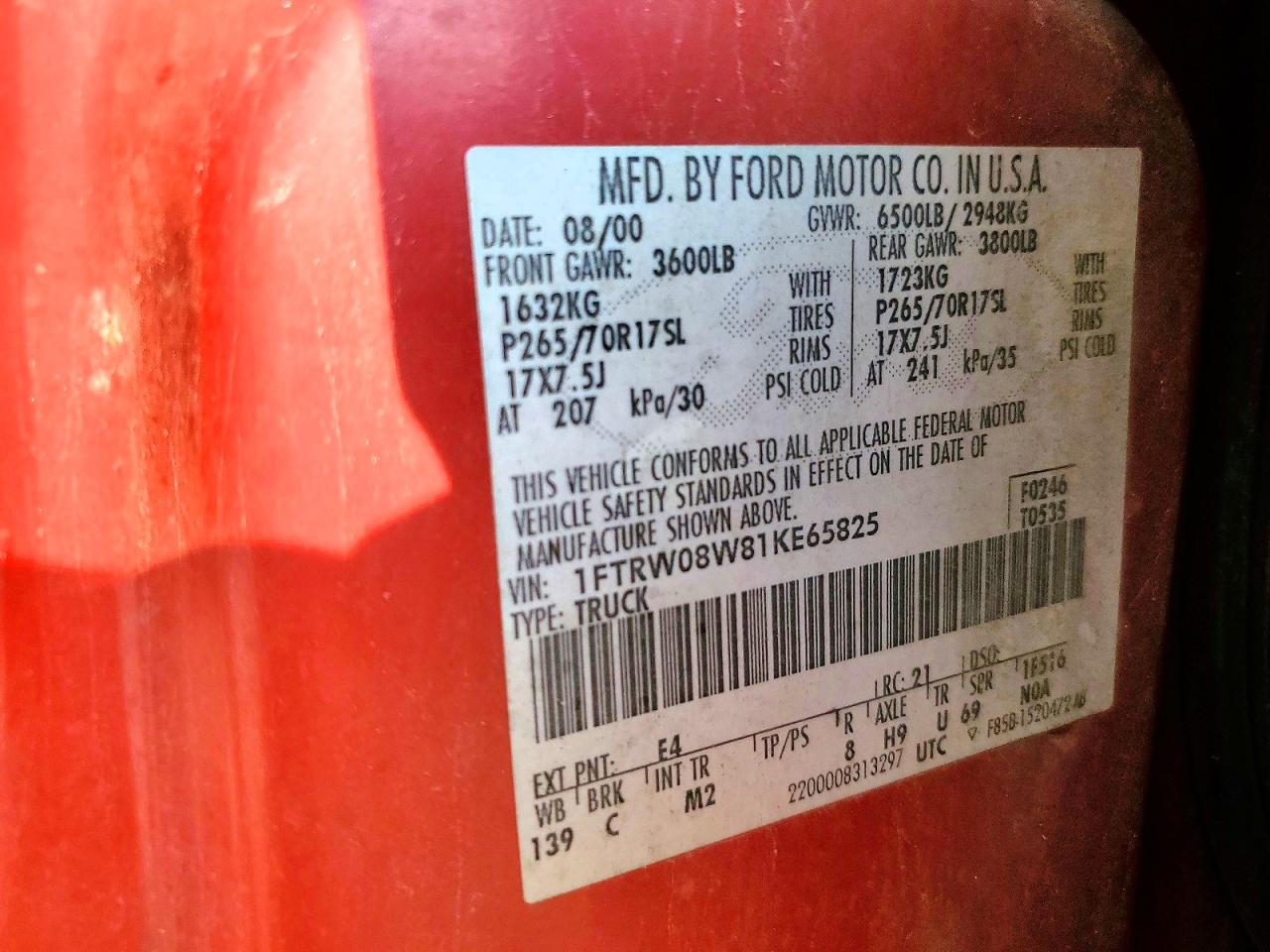 2001 Ford F150 Supercrew Red vin: 1FTRW08W81KE65825