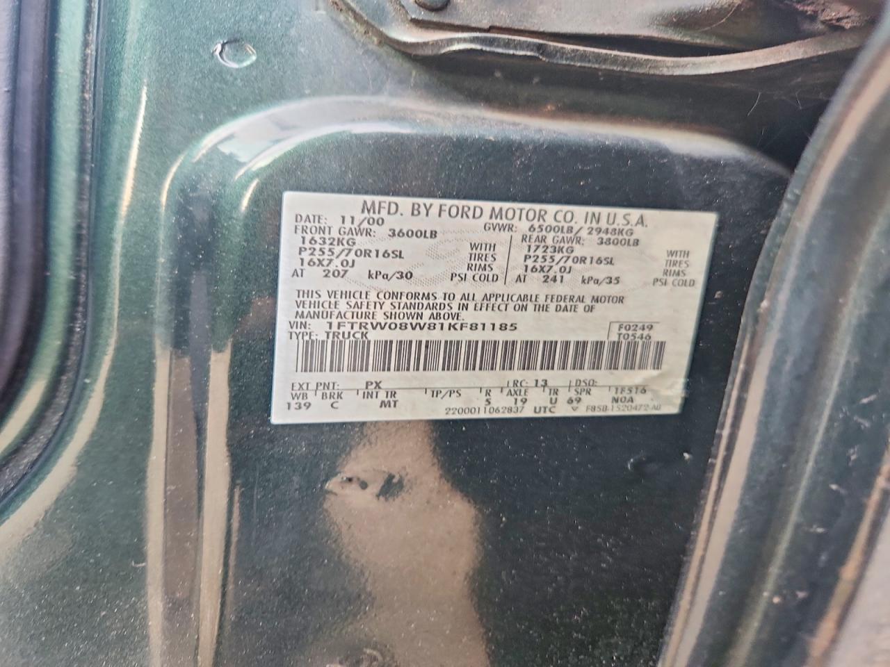 2001 Ford F150 Supercrew Green vin: 1FTRW08W81KF81185