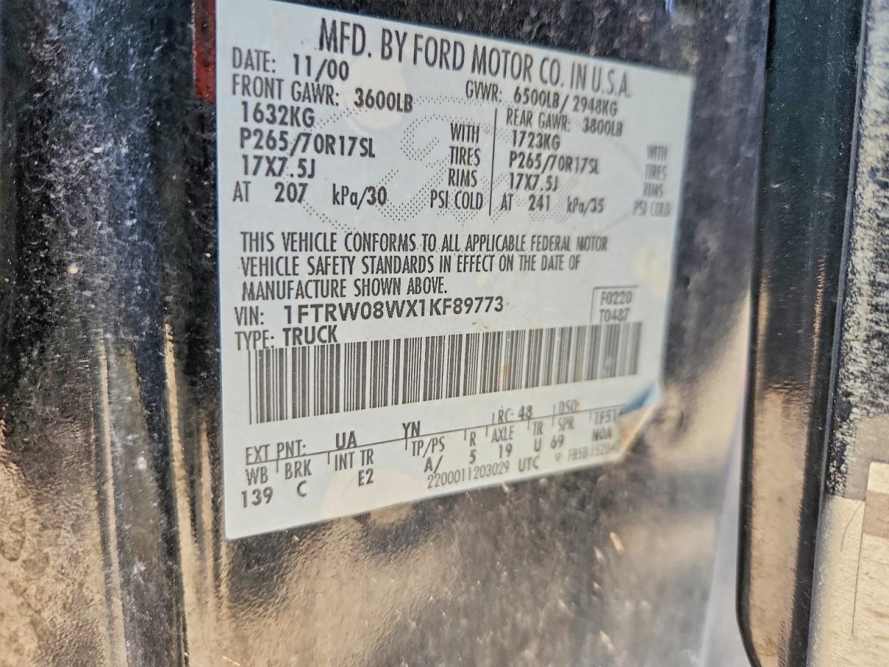 2001 Ford F150 Supercrew Черный vin: 1FTRW08WX1KF89773