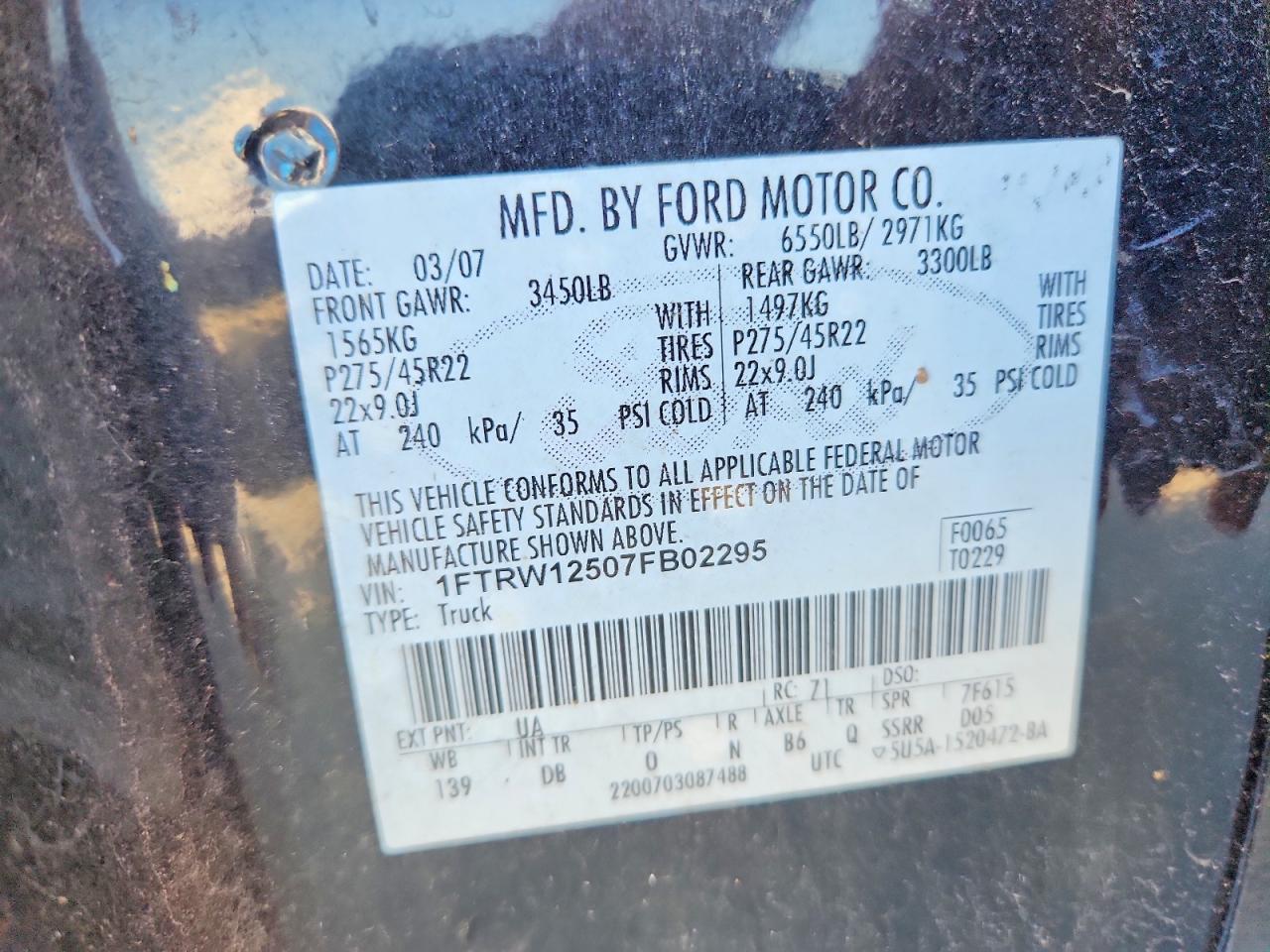 2007 Ford F150 Supercrew Черный vin: 1FTRW12507FB02295