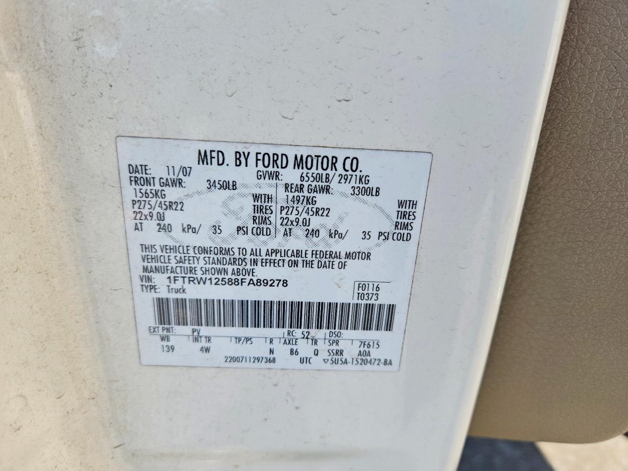2008 Ford F150 Supercrew White vin: 1FTRW12588FA89278