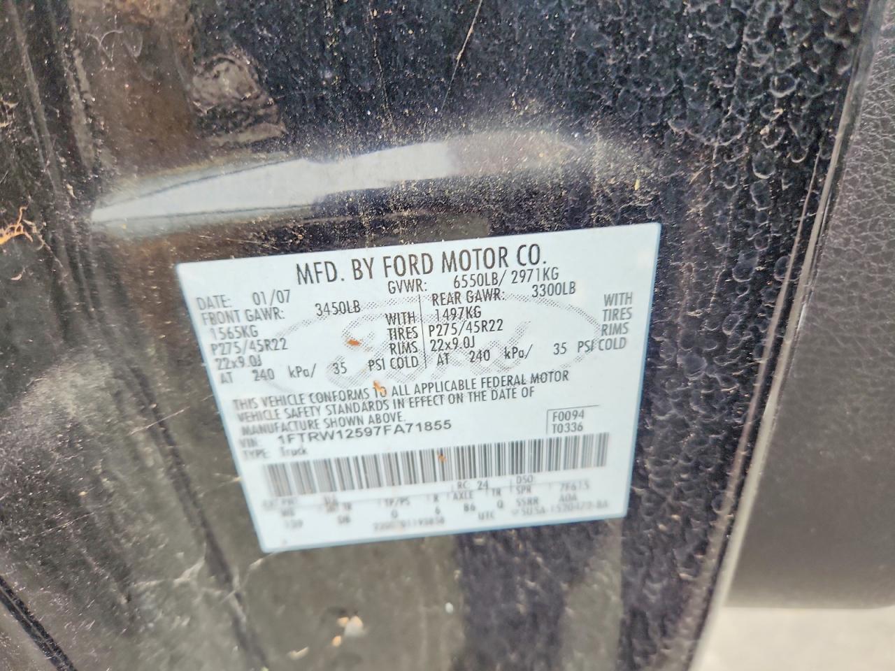 2007 Ford F150 Supercrew Black vin: 1FTRW12597FA71855