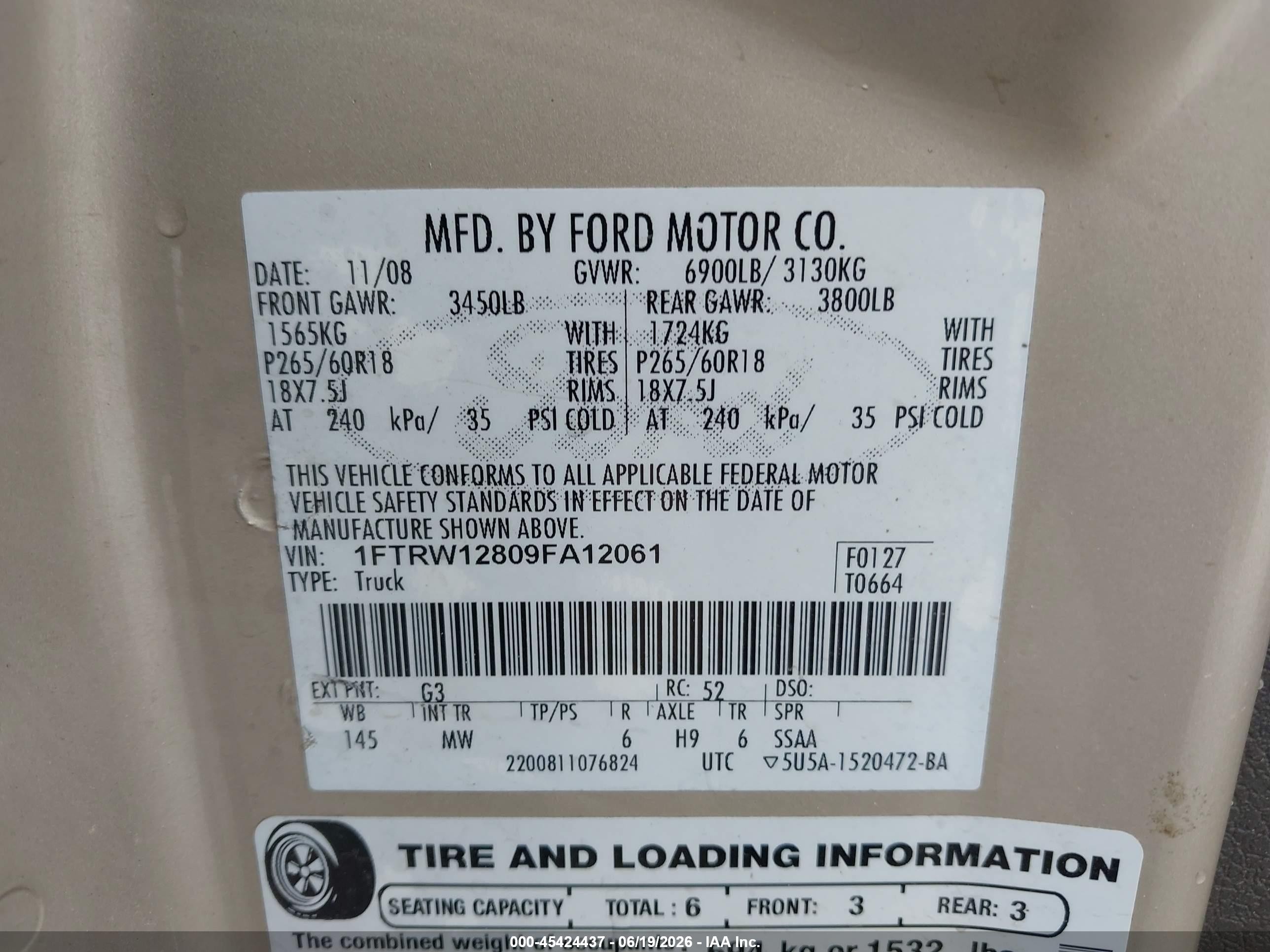2009 Ford F-150 Xl/xlt Beige vin: 1FTRW12809FA12061